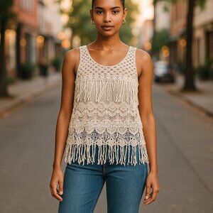 CRYSTAL K Macrame Crochet Lace Tank Top M Tiered Fringe Sweater Knit Mesh Panel